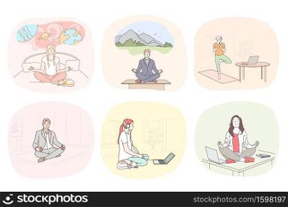Recreation, business, healthcare, antistress, meditation set concept. Collection of businessmen women cartoon characters resting at home and practicing yoga in office. Healthy lifestyle illustration.. Recreation, business, healthcare, antistress, meditation set concept