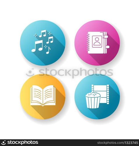 Recreation flat design long shadow glyph icons set. Musical notation. Sound notes. Personal diary. Write in notebook. Hobbies for relaxation. Leisure activities. Silhouette RGB color illustrations