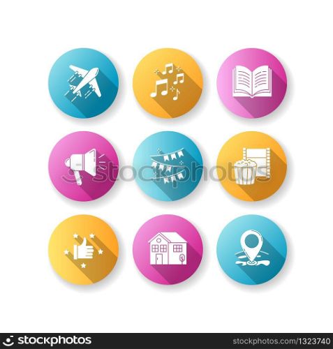 Recreation flat design long shadow glyph icons set. Travel with flight. Music notes. Loudspeaker broadcast. Event decoration. Movie night. Recommendation sign. Silhouette RGB color illustrations