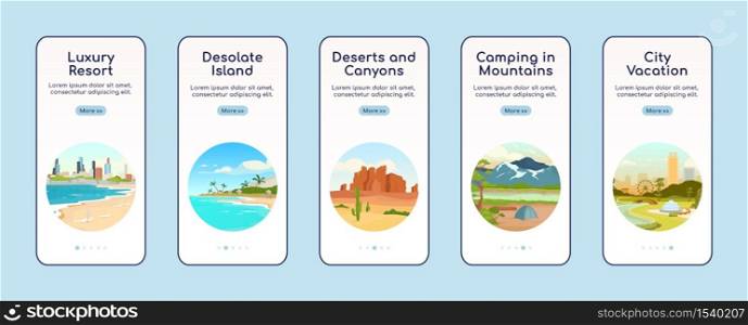 Recreation in nature onboarding mobile app screen flat vector template. Desolate island, canyon. Walkthrough website steps with characters. UX, UI, GUI smartphone cartoon interface, case prints set. Recreation in nature onboarding mobile app screen flat vector template