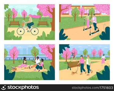 Recreation in spring park flat color vector illustration set. Spending times with friends. Flowers on trees. Multicultural 2D cartoon characters with cityscape on background collection. Recreation in spring park flat color vector illustration set