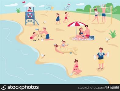 Recreation on sand beach flat color vector illustration. People sunbathing, relaxing on blankets. Children playing, building sandcastle 2D cartoon characters with seascape on background