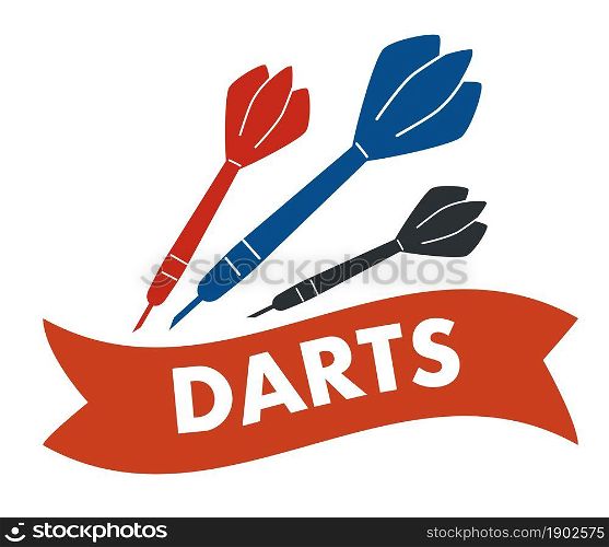 Recreation or game for fun, isolated banner or emblem with label and flying speedy arrows with needles. Symbol or logotype of playing club, training accuracy and skills. Vector in flat style. Darts sports or leisure, emblem or label vector