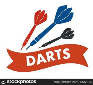 Recreation or game for fun, isolated banner or emblem with label and flying speedy arrows with needles. Symbol or logotype of playing club, training accuracy and skills. Vector in flat style. Darts sports or leisure, emblem or label vector