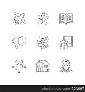 Recreation pixel perfect linear icons set. Travel with flight. Event decoration. Recommendation sign. Customizable thin line contour symbols. Isolated vector outline illustrations. Editable strokes