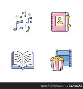 Recreation RGB color icons set. Musical notation. Sound notes. Personal diary. Movie night. Write in notebook. Hobbies for relaxation. Leisure activities. Isolated vector illustrations
