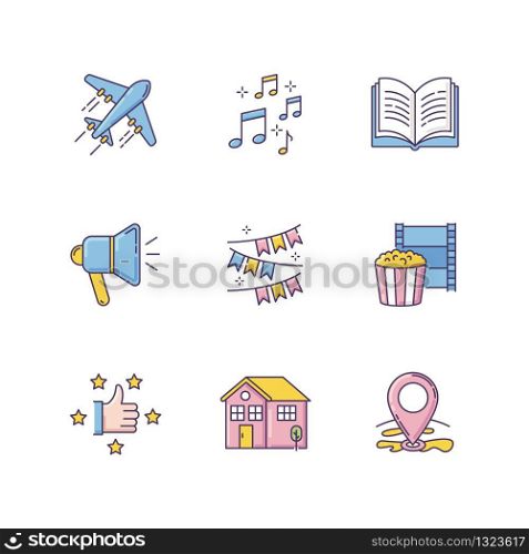 Recreation RGB color icons set. Travel with flight. Music notes. Open book. Loudspeaker broadcast. Event decoration. Movie night. Recommendation sign. Isolated vector illustrations