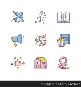 Recreation RGB color icons set. Travel with flight. Music notes. Open book. Loudspeaker broadcast. Event decoration. Movie night. Recommendation sign. Isolated vector illustrations