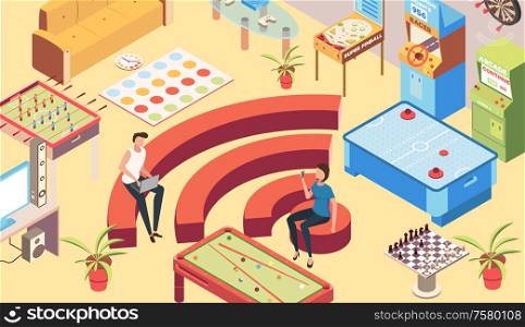 Recreation room isometric background with wifi zone symbols vector illustration