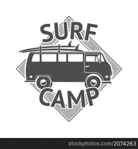 Recreation surf camp badge. Surfing club, sport camping or zone label. Monochrome isolated active lifestyle vector banner. Illustration surf camp print, recreation summer travel. Recreation surf camp badge. Surfing club, sport camping or zone label. Monochrome isolated active lifestyle vector banner