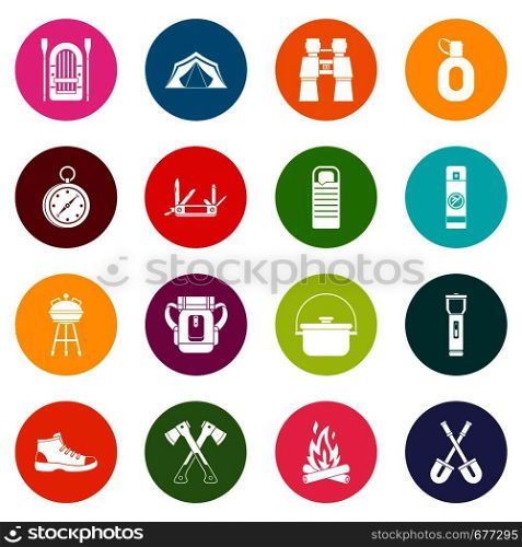 Recreation tourism icons many colors set isolated on white for digital marketing. Recreation tourism icons many colors set