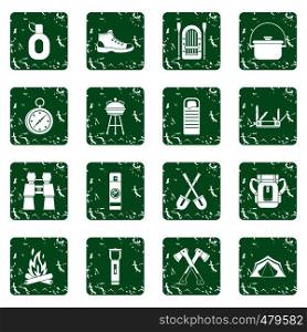 Recreation tourism icons set in grunge style green isolated vector illustration. Recreation tourism icons set grunge