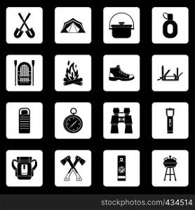 Recreation tourism icons set in white squares on black background simple style vector illustration. Recreation tourism icons set squares vector