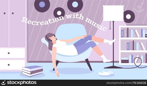 Recreation with music flat background with girl wearing headphones listening to music lying in chair vector illustration
