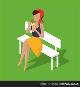 Recreation Woman on Bench with Juice. Recreation woman on bench with juice. Beautiful attractive young girl sitting on a bench and rest drinking juice through a straw. Relax female sitting with cocktail isolated. Vector illustration
