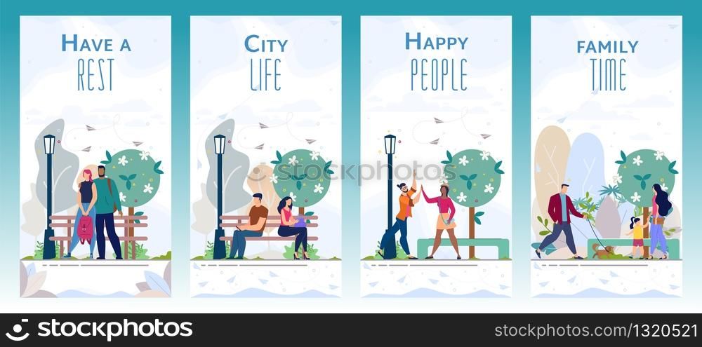Recreation Zone, City Park Flat Vector Vertical Banners, Posters Set. Couple Dating, Hugging in Park, Student Chatting with Cellphone, Resting on Bench, Citizens Walking with Kid and Pet Illustration
