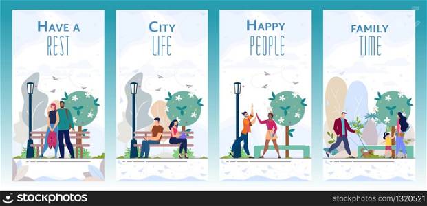 Recreation Zone, City Park Flat Vector Vertical Banners, Posters Set. Couple Dating, Hugging in Park, Student Chatting with Cellphone, Resting on Bench, Citizens Walking with Kid and Pet Illustration