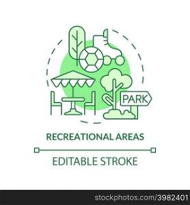 Recreational areas green concept icon. Type of land-use abstract idea thin line illustration. Recreational purposes. Isolated outline drawing. Editable stroke. Arial, Myriad Pro-Bold fonts used. Recreational areas green concept icon
