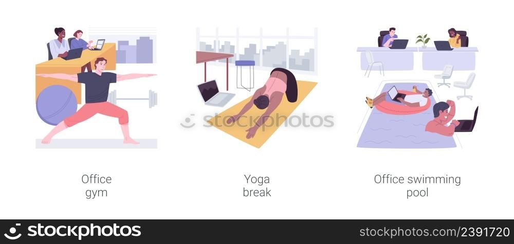 Recreational facilities in modern office isolated cartoon vector illustrations set. Office gym, yoga break in modern workplace, swimming pool, active lifestyle and colleagues fun vector cartoon.. Recreational facilities in modern office isolated cartoon vector illustrations set.