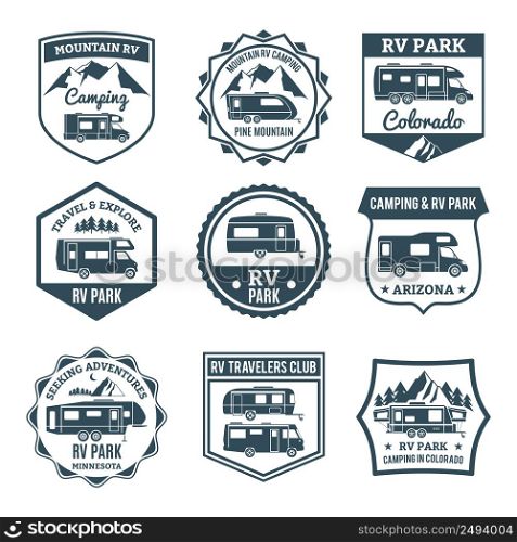 Recreational vehicle for camping and travel emblems set isolated vector illustration. Recreational Vehicle Emblems