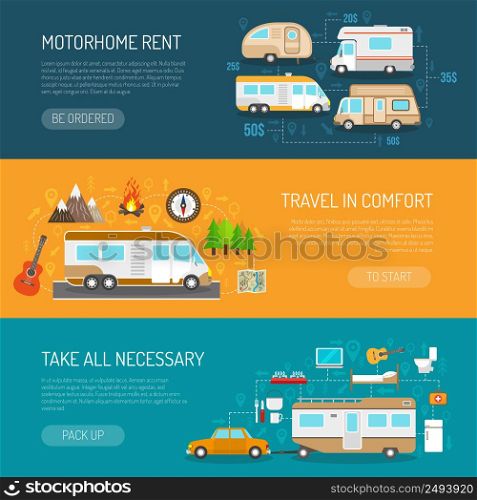 Recreational vehicle horizontal banners set with motorhome rent and travel in comfort symbols flat isolated vector illustration . Recreational Vehicle Banners Set
