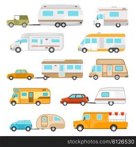 Recreational Vehicle Icons Set . Recreational vehicle icons set with different types of motorhomes flat isolated vector illustration