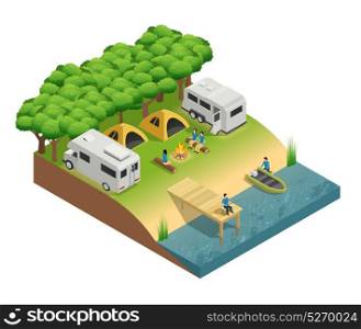 Recreational Vehicles At Lake Isometric Composition. Recreational vehicles at lake isometric composition with tent people and forest vector illustration