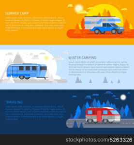 Recreational Vehicles Banner Set. Three colored horizontal recreational vehicles banner set with winter camping summer camp and travelling descriptions vector illustration