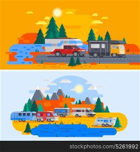 Recreational Vehicles Composition. Two colored and horizontal recreational vehicles orthogonal flat composition with bright colors vector illustration