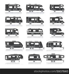 Recreational vehicles for family tourism and vacation black icons set isolated vector illustration. Recreational Vehicle Black Icons