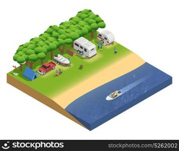 Recreational Vehicles On Beach Isometric Composition. Recreational vehicles on beach isometric composition with people and boat vector illustration