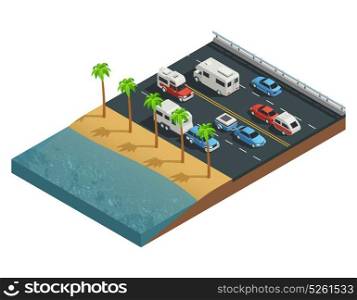 Recreational Vehicles On Road Isometric Composition. Recreational vehicles on road isometric composition with trailer people and forest vector illustration