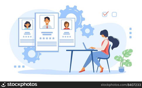 Recruit a≥nt analyzing candidates. HR mana≥r studying employees profi≤s on∫er≠t flat vector illustration. Rate, staff, human resource concept for ban≠r, website design or landing web pa≥