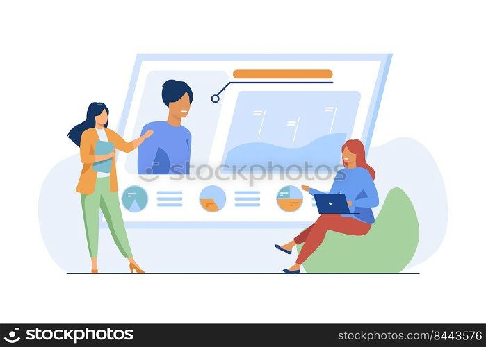 Recruit agency managers. Women studying and discussing candidates profile flat vector illustration. Recruitment, HR, personnel selection concept for banner, website design or landing web page
