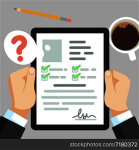 Recruiter reading cv resume without photo on table vector concept. No gender, sex CV form illustration. Recruiter reading cv resume with photo applicant