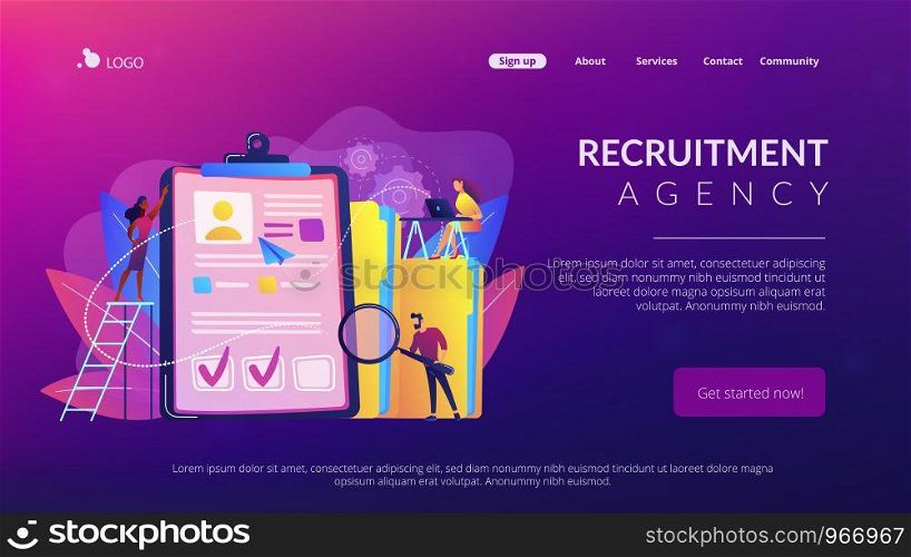 Recruiters and managers searching for candidate in huge CV for position. Recruitment agency, human resources service, recruitment network concept. Website vibrant violet landing web page template.. Recruitment agency concept landing page.
