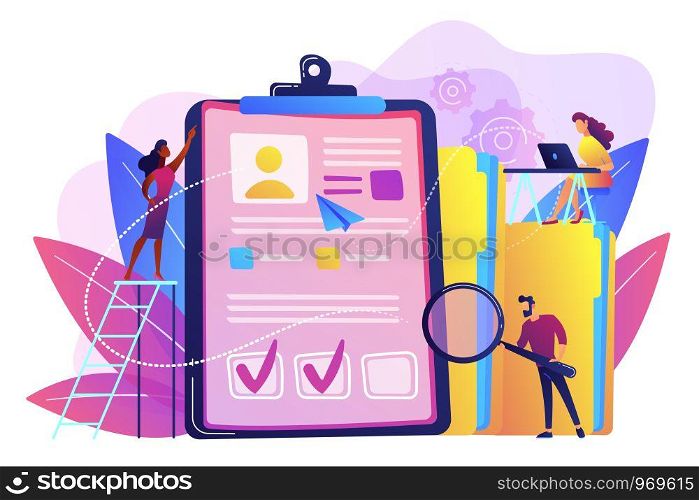 Recruiters and managers searching for candidate in huge CV for position. Recruitment agency, human resources service, recruitment network concept. Bright vibrant violet vector isolated illustration. Recruitment agency concept vector illustration.