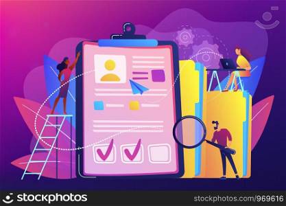 Recruiters and managers searching for candidate in huge CV for position. Recruitment agency, human resources service, recruitment network concept. Bright vibrant violet vector isolated illustration. Recruitment agency concept vector illustration.