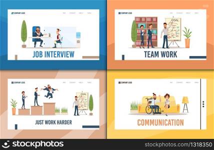 Recruiting Agency, Investments Startup, Business Courses, Disabled People Communication Trendy Flat Vector Web Banners, Landing Pages Set. Working Businesspeople, Employee in Wheelchair Illustration