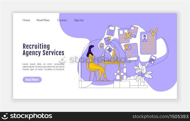 Recruiting agency services landing page flat silhouette vector template. HR company homepage layout. Staff hiring one page website interface with cartoon outline character. Web banner, webpage