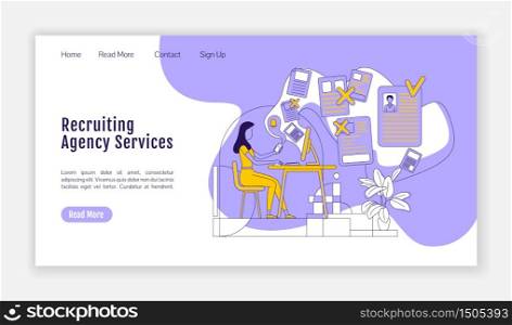 Recruiting agency services landing page flat silhouette vector template. HR company homepage layout. Staff hiring one page website interface with cartoon outline character. Web banner, webpage
