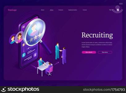 Recruiting isometric landing page. Hiring agency, human resource online service, tiny people at huge smartphone with magnifier and app for research applicant for vacant work place 3d vector web banner. Recruiting isometric landing page. Hiring agency