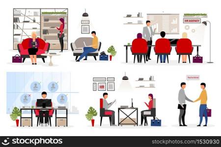 Recruiting staff flat vector characters set. Employment service. Applying for new job. HR agency workers interviewing candidates, applicants. Headhunters, experts hiring personnel, jobseekers