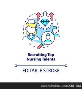 Recruiting top nursing talents concept icon. Medical management abstract idea thin line illustration. Qualified nurses. Isolated outline drawing. Editable stroke. Arial, Myriad Pro-Bold fonts used. Recruiting top nursing talents concept icon