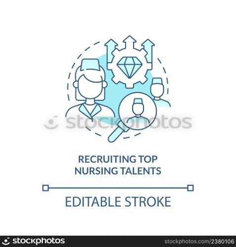 Recruiting top nursing talents turquoise concept icon. Medical management abstract idea thin line illustration. Isolated outline drawing. Editable stroke. Arial, Myriad Pro-Bold fonts used. Recruiting top nursing talents turquoise concept icon