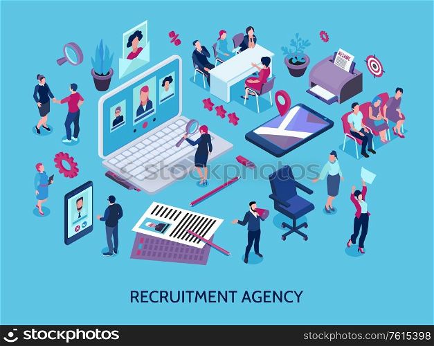 Recruitment agency concept isometric composition with online applicants search magnifier candidates selection interview employment contract vector illustration