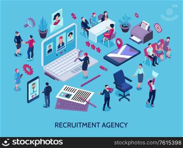Recruitment agency concept isometric composition with online applicants search magnifier candidates selection interview employment contract vector illustration