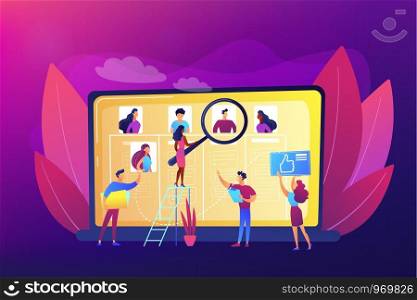 Recruitment agency, employment service. HR manager searching candidate CV. Wanted employees, vacancies are open, join our team, we re hiring concept. Bright vibrant violet vector isolated illustration. Wanted employees concept vector illustration