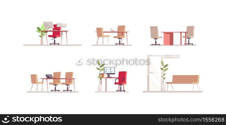 Recruitment agency furniture semi flat RGB color vector illustration set. Computer monitor on desktop. Waiting area for job interview. Furniture isolated cartoon object on white background collection. Recruitment agency furniture semi flat RGB color vector illustration set