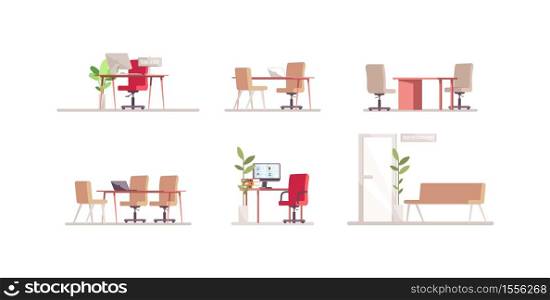 Recruitment agency furniture semi flat RGB color vector illustration set. Computer monitor on desktop. Waiting area for job interview. Furniture isolated cartoon object on white background collection. Recruitment agency furniture semi flat RGB color vector illustration set